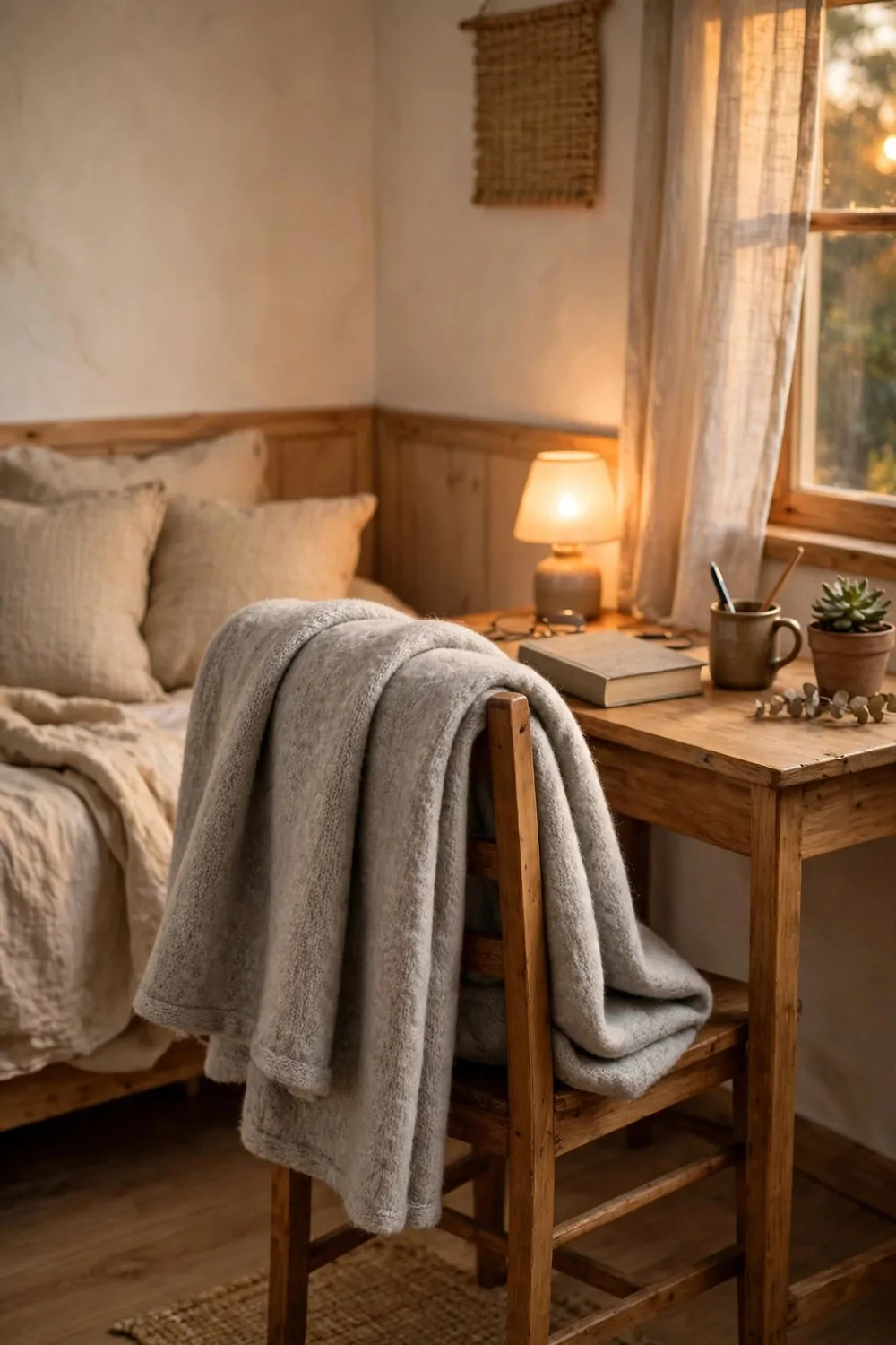 20 Cozy Bedroom Office Ideas for a Soft, Snug Workspace 6 A soft grey wool blanket folded over the back of a wood chair at a small desk in a cozy bedroom, warm light