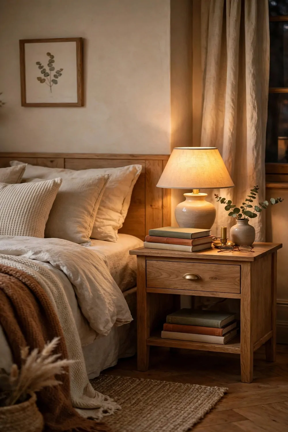 20 Cozy Bedroom Office Ideas for a Soft, Snug Workspace 7 A small wood bedside table with a drawer and a shelf beside a bed, lamp and books on it, cozy bedroom, warm light