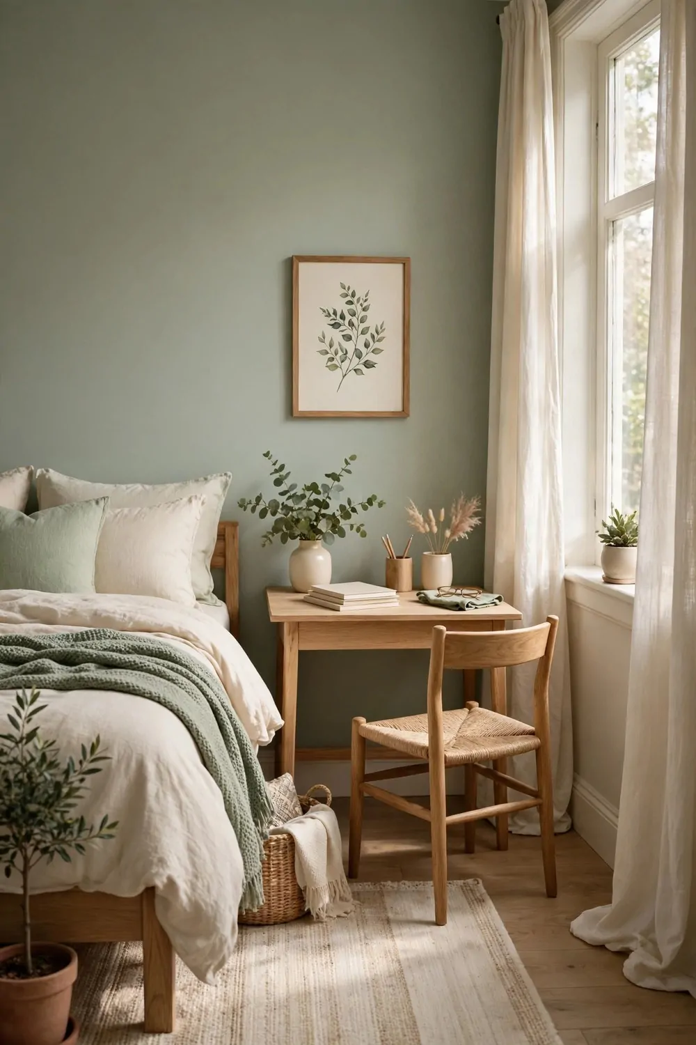 20 Cozy Bedroom Office Ideas for a Soft, Snug Workspace 8 A cozy bedroom office in soft sage and cream colours, small wood desk, calm bedding, quiet morning light
