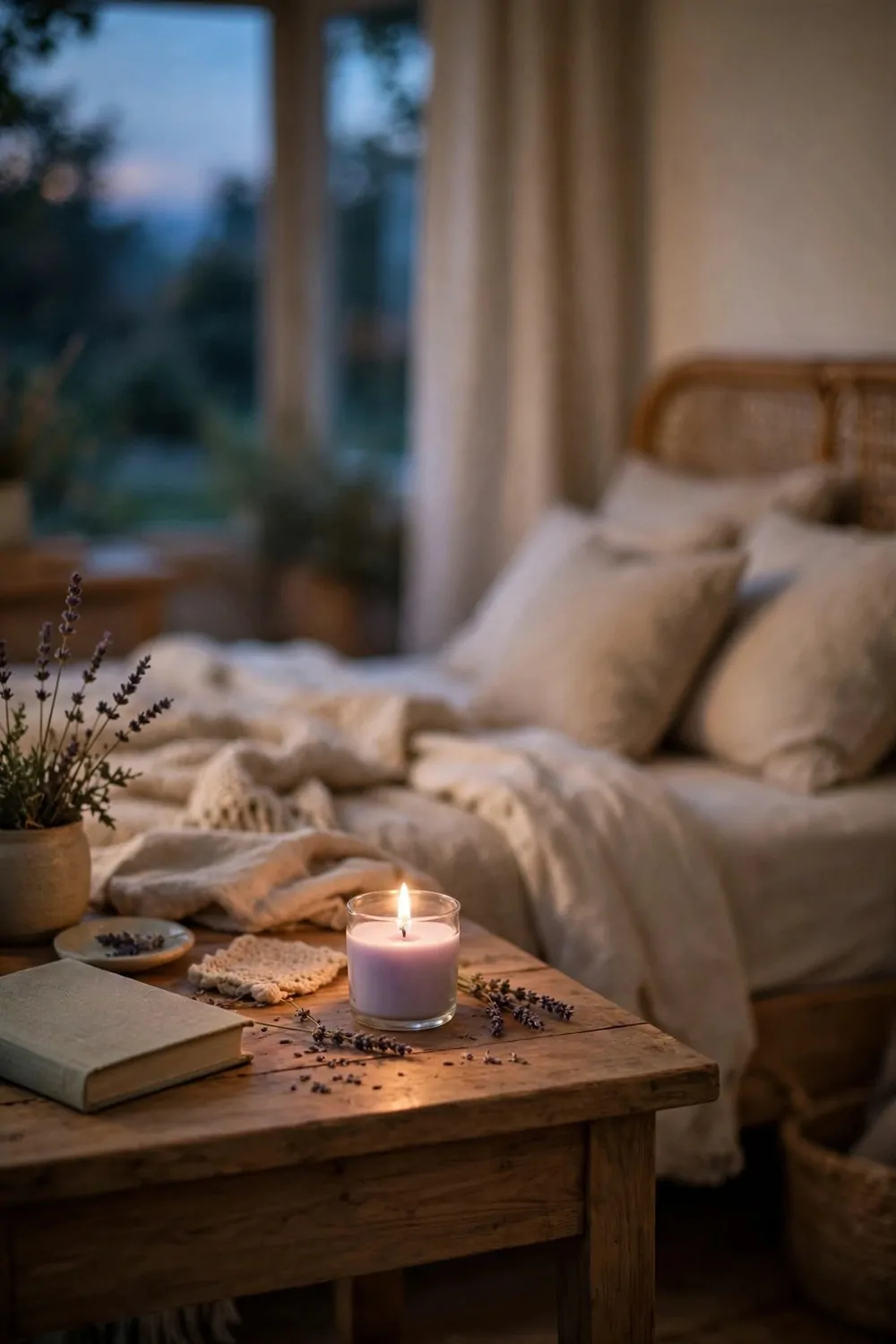 20 Cozy Bedroom Office Ideas for a Soft, Snug Workspace 9 A small lavender candle glowing on a wood desk in a cozy bedroom at dusk, soft warm light, bed beside it