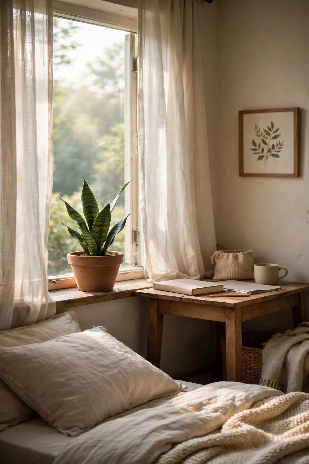 20 Cozy Bedroom Office Ideas for a Soft, Snug Workspace 10 A small snake plant in a plain clay pot on a windowsill beside a small desk in a cozy bedroom, morning light