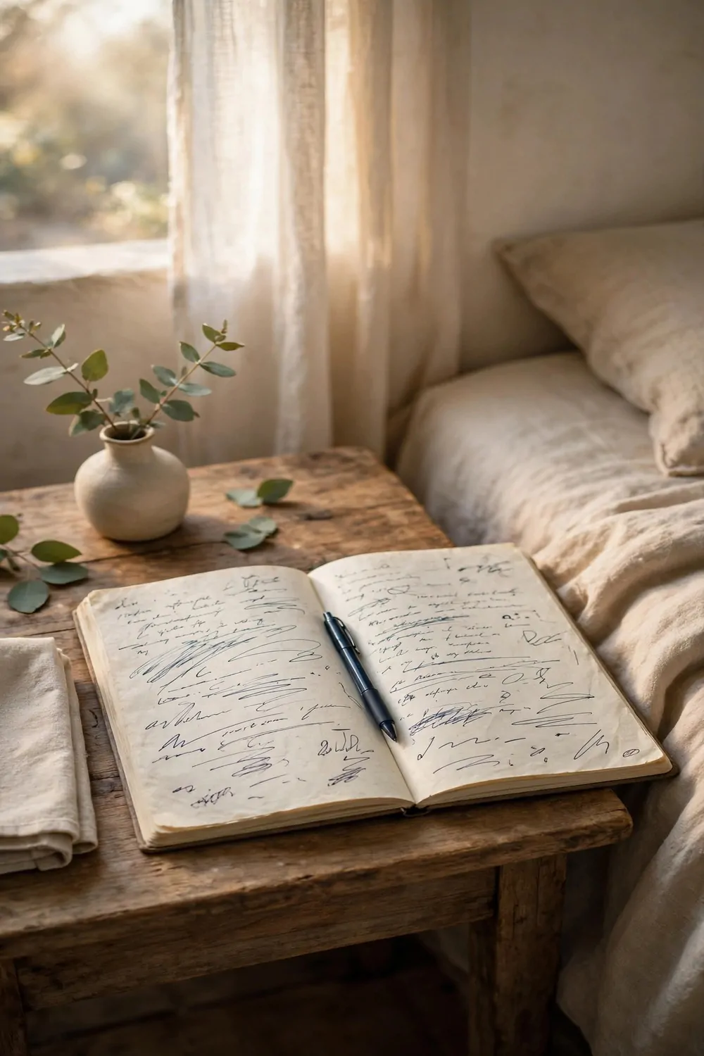 20 Cozy Bedroom Office Ideas for a Soft, Snug Workspace 11 An open notebook with handwritten notes on a bedside table beside a bed in a cozy bedroom, pen lying across the pages, soft morning light
