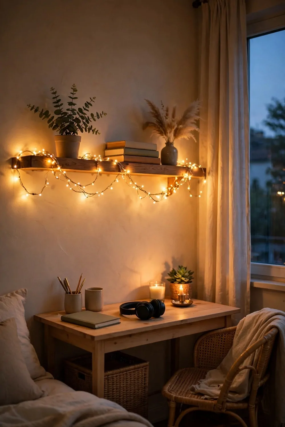 20 Cozy Bedroom Office Ideas for a Soft, Snug Workspace 12 Warm fairy lights glowing along a shelf above a small desk in a cozy bedroom at dusk, soft golden light