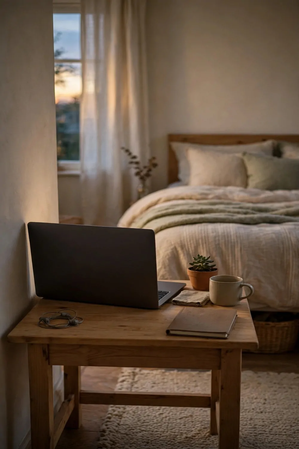 20 Cozy Bedroom Office Ideas for a Soft, Snug Workspace 13 A laptop on a small wood desk facing away from a bed in a cozy bedroom, screen toward the wall, calm evening light