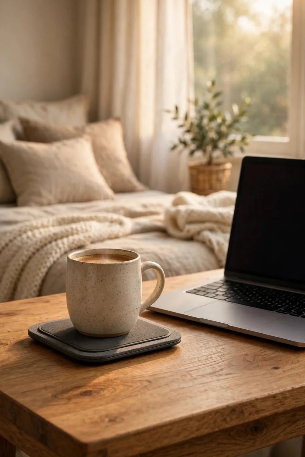 20 Cozy Bedroom Office Ideas for a Soft, Snug Workspace 14 A ceramic mug on a small flat mug warmer pad beside a laptop on a wood desk in a cozy bedroom, warm morning light