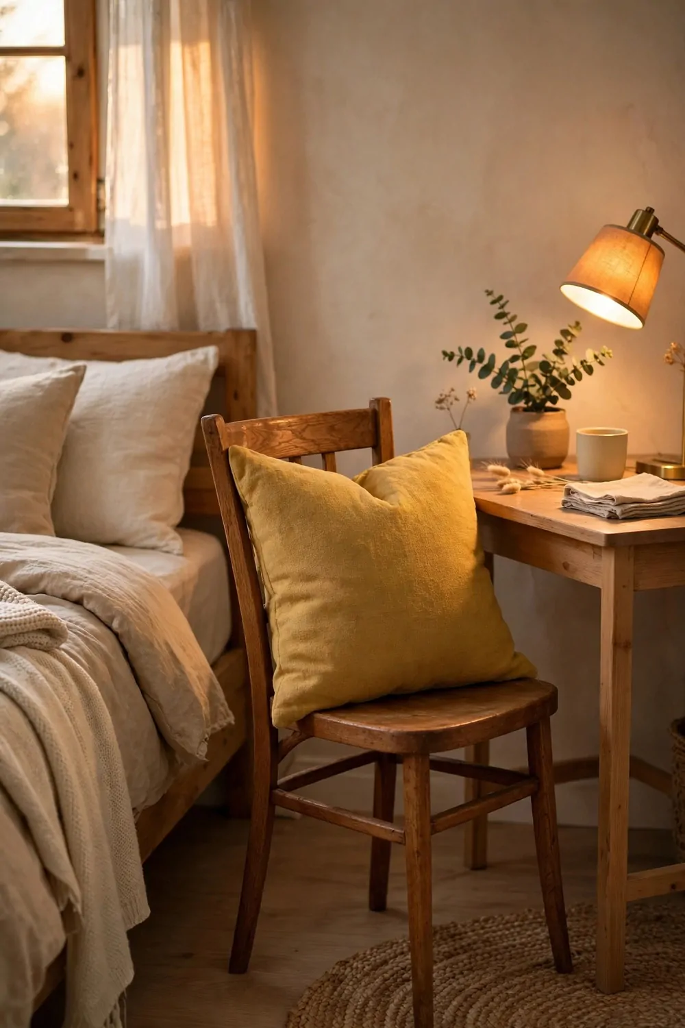 20 Cozy Bedroom Office Ideas for a Soft, Snug Workspace 15 A soft mustard yellow throw pillow on a wood chair at a small desk in a cozy bedroom, bed beside it, warm light