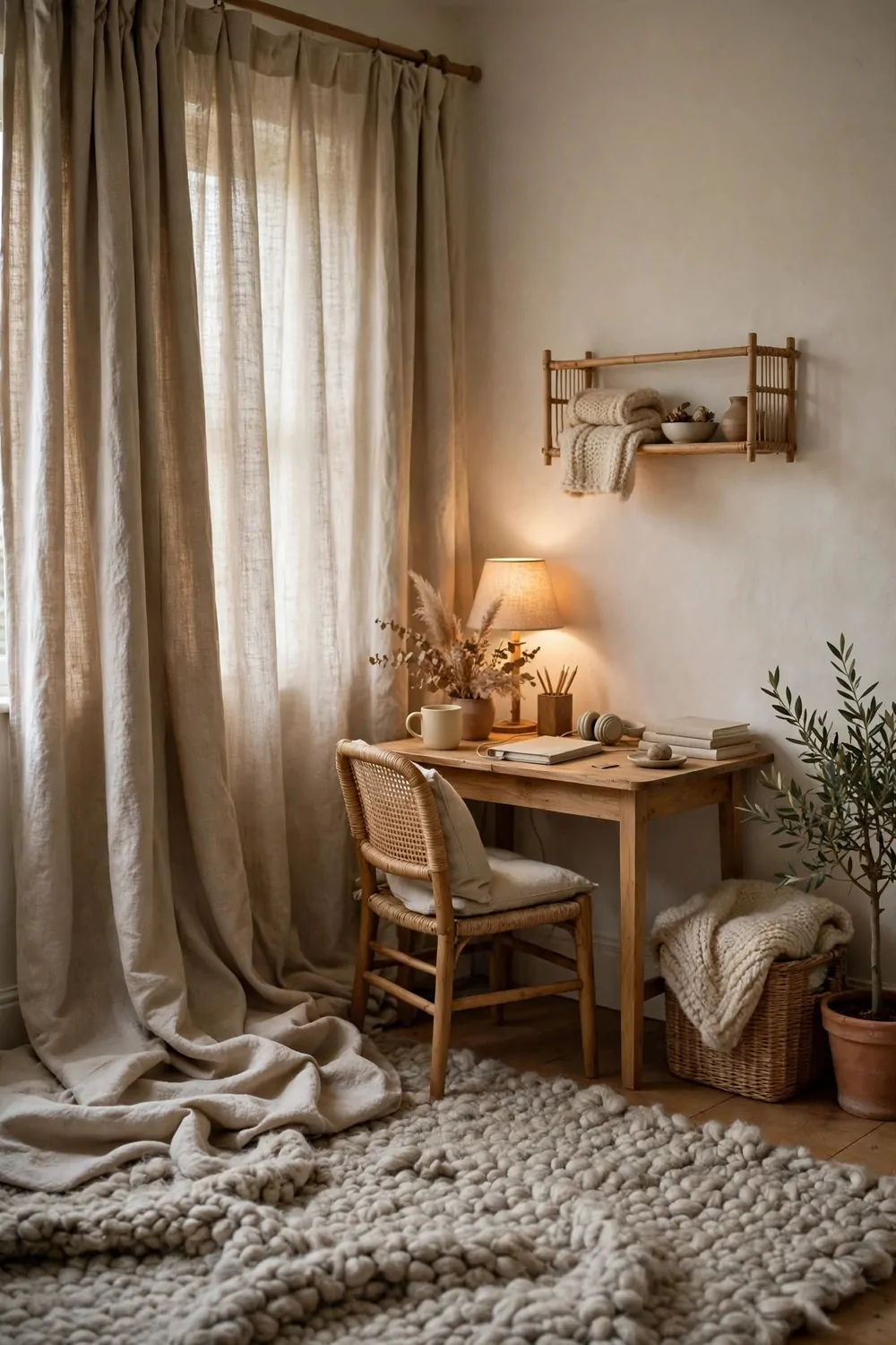 20 Cozy Bedroom Office Ideas for a Soft, Snug Workspace 16 Thick soft curtains and a wool rug in a cozy bedroom office, small wood desk, quiet calm light