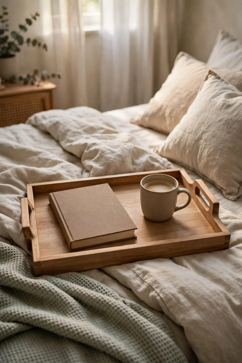 20 Cozy Bedroom Office Ideas for a Soft, Snug Workspace 17 A plain wood tray with handles holding a book and a mug on a bed in a cozy bedroom, soft morning light