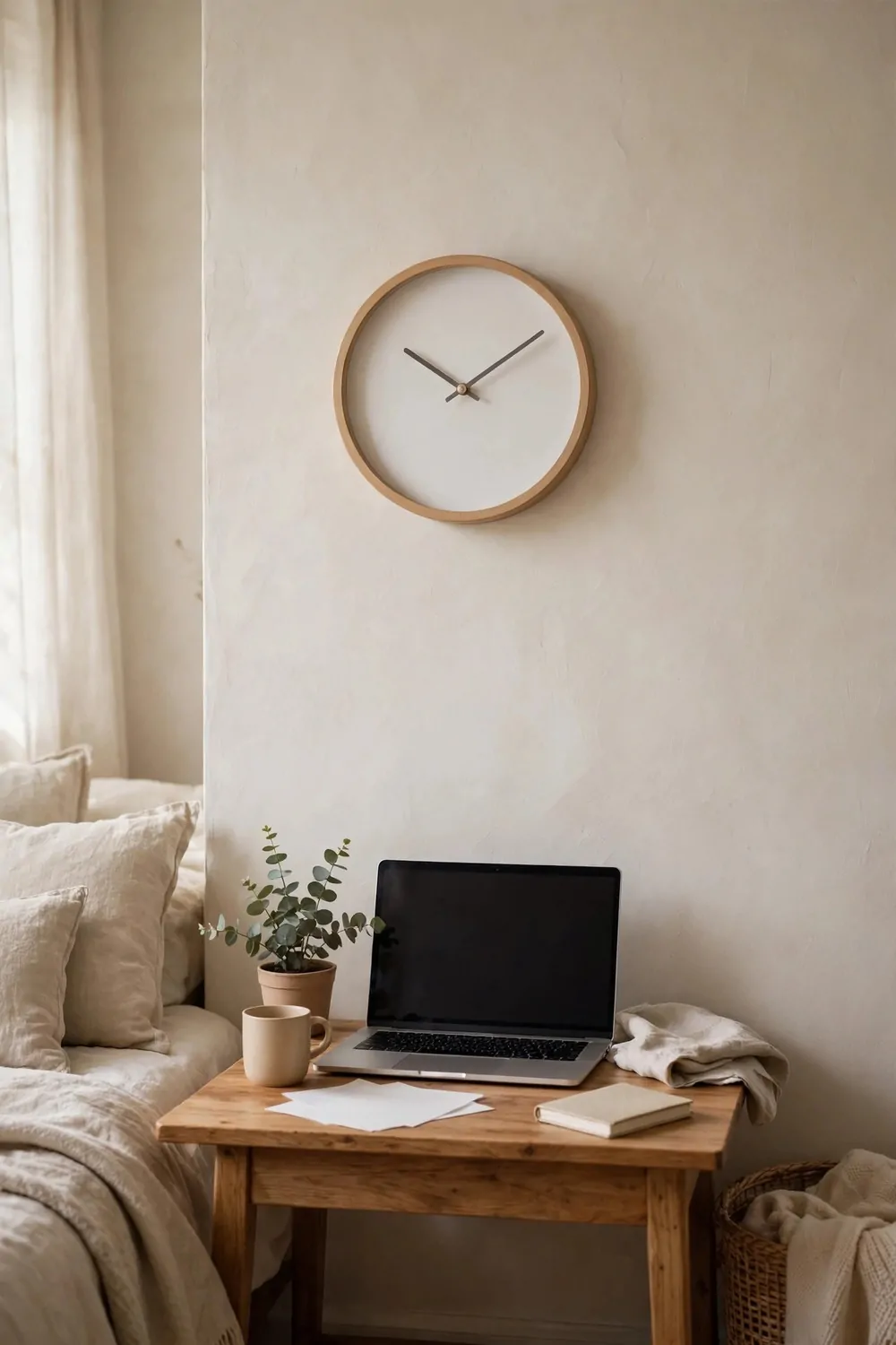 20 Cozy Bedroom Office Ideas for a Soft, Snug Workspace 18 A simple round wall clock with soft hands above a small wood desk in a cozy bedroom, laptop below, calm light