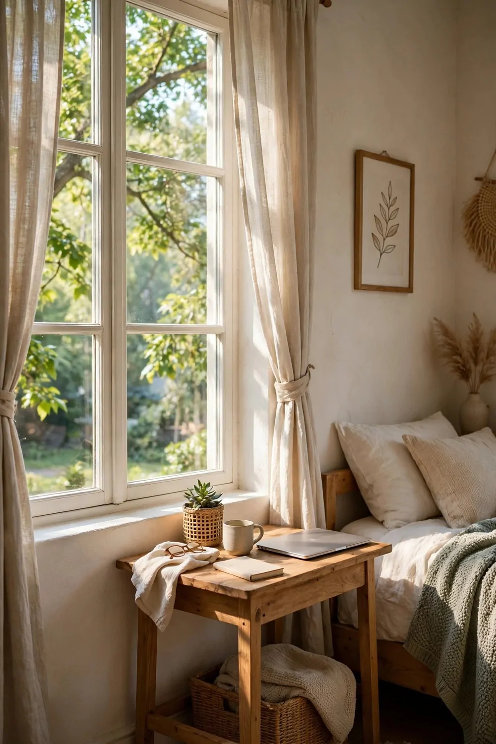 20 Cozy Bedroom Office Ideas for a Soft, Snug Workspace 19 A bright window with a green tree outside beside a small wood desk in a cozy bedroom, laptop on the desk, morning light