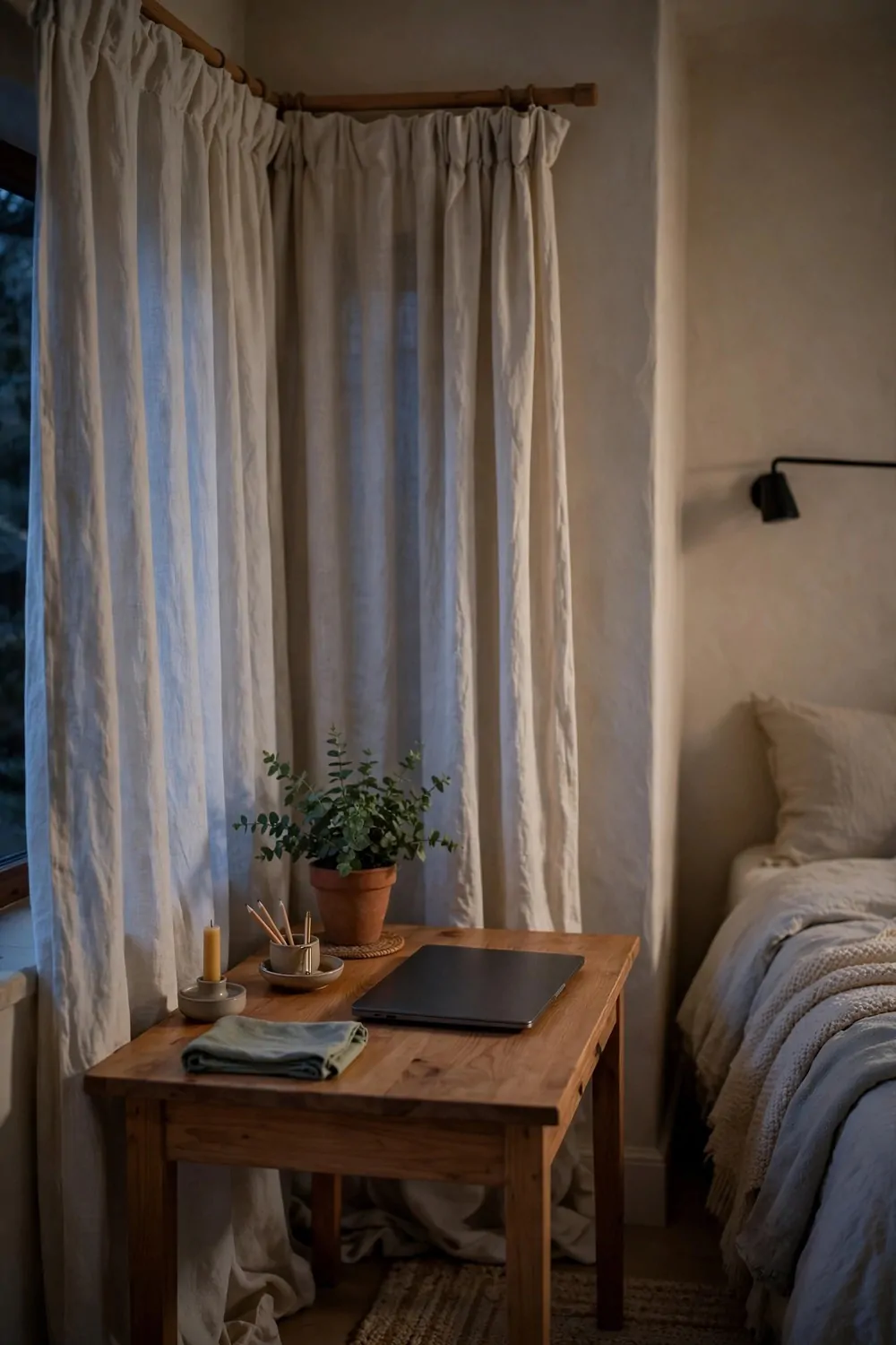 20 Cozy Bedroom Office Ideas for a Soft, Snug Workspace 20 A tidy small wood desk in a cozy bedroom at night, laptop closed, curtain pulled across the corner, lamp off, calm evening light