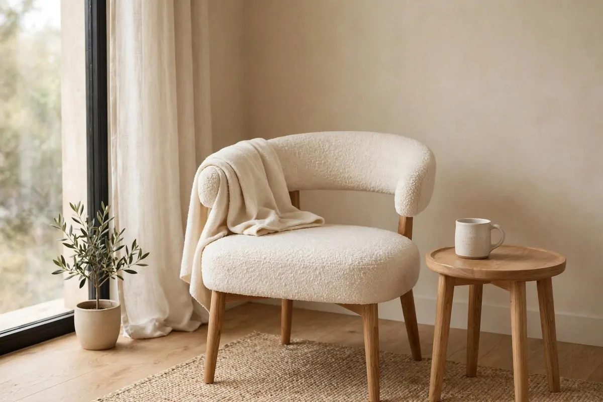 Cream boucle accent chair in a cozy corner of a minimalist room