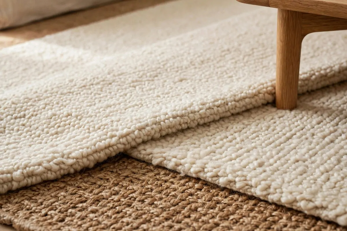 Layered jute and wool rugs under a coffee table in a warm living room