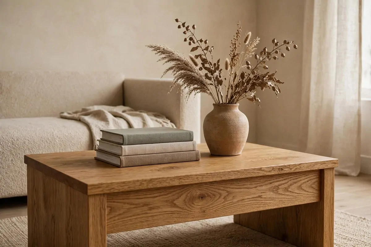 Solid oak coffee table with ceramic vase and books in a minimalist living room