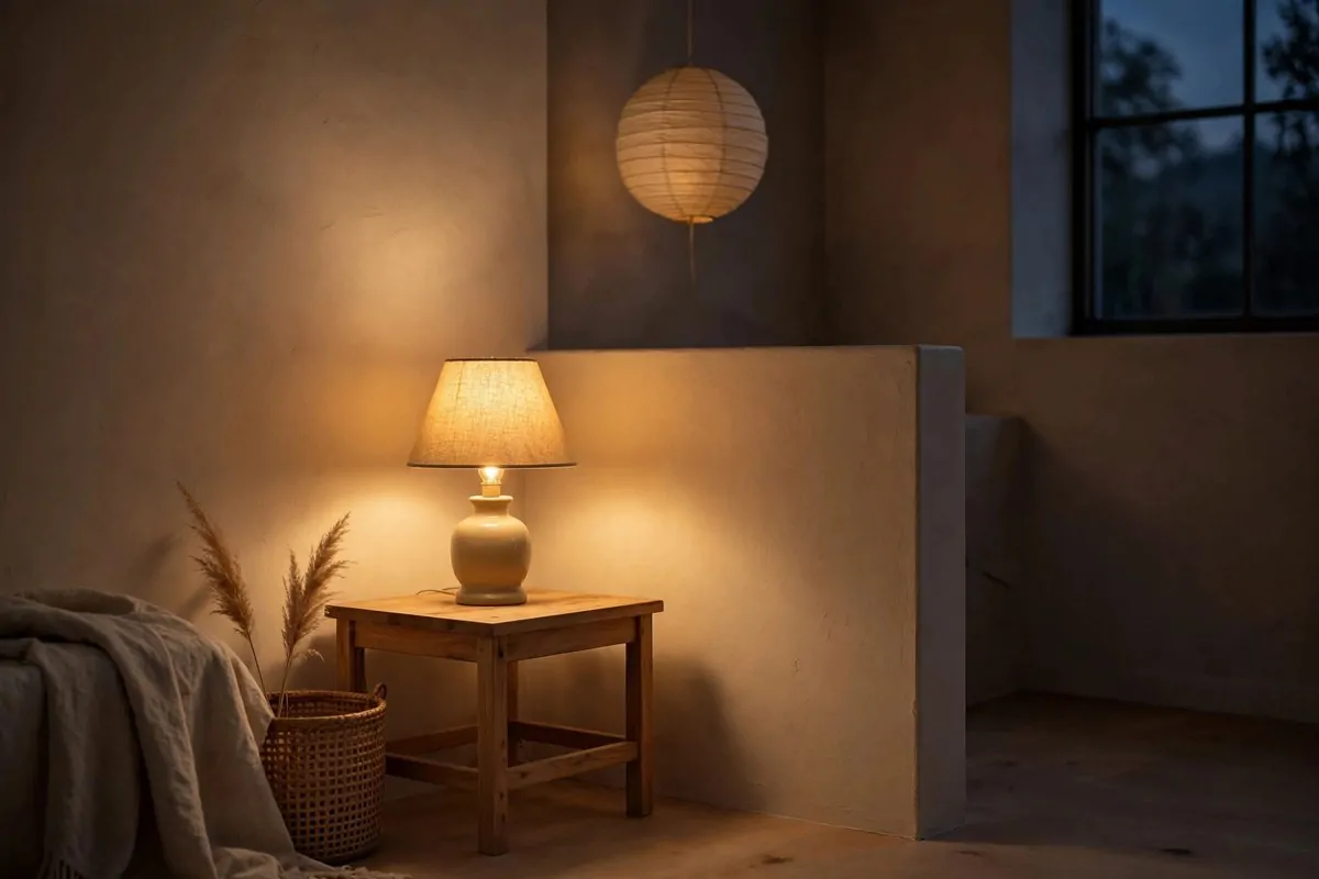 Table lamp with warm glow and paper lantern in a cozy minimalist corner