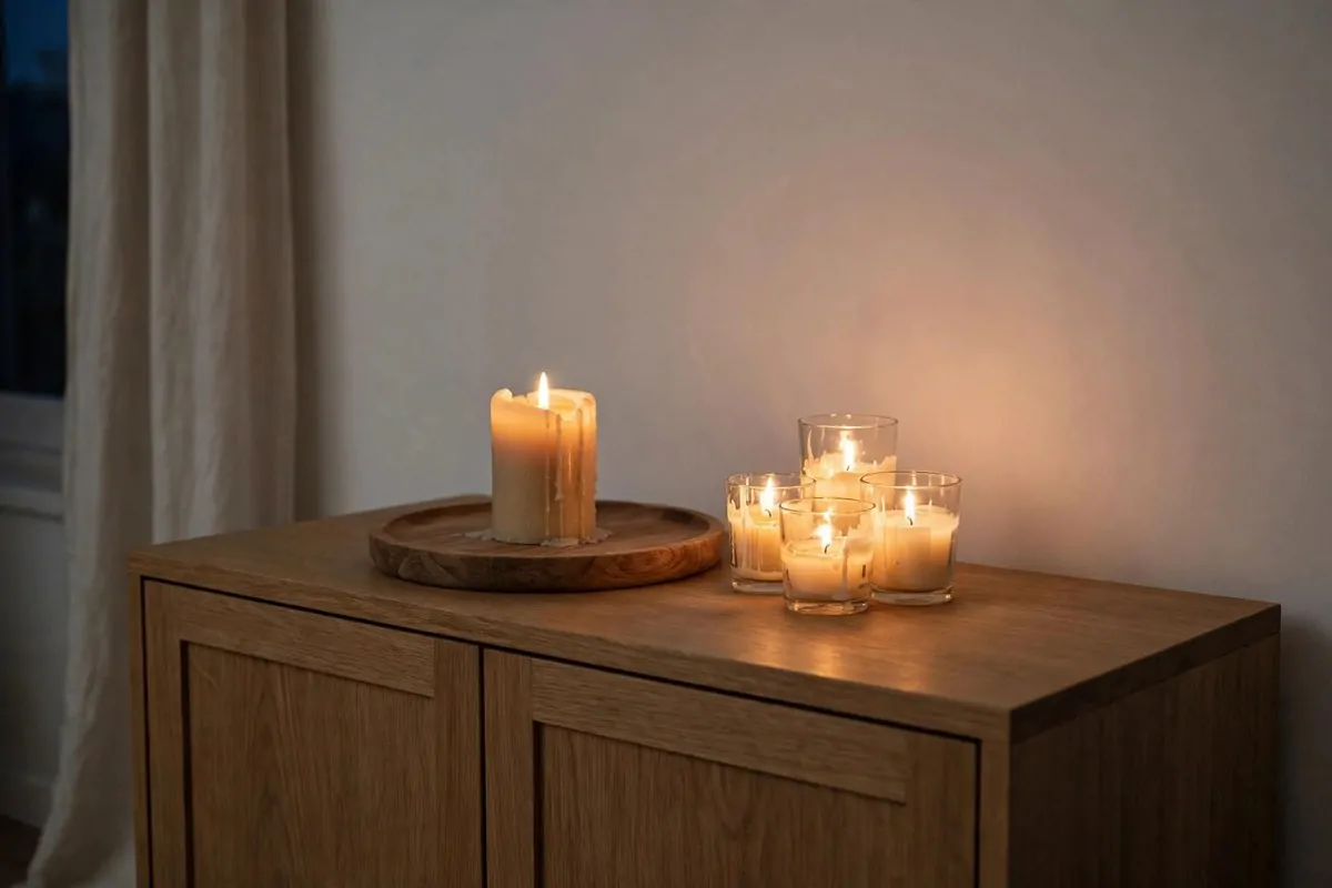 Cluster of lit candles on a wooden tray in a warm minimalist room
