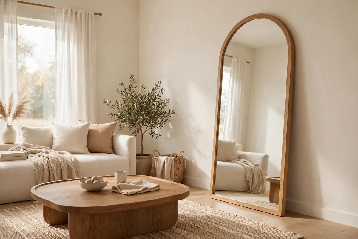Arched mirror and curved coffee table in a warm minimalist living room