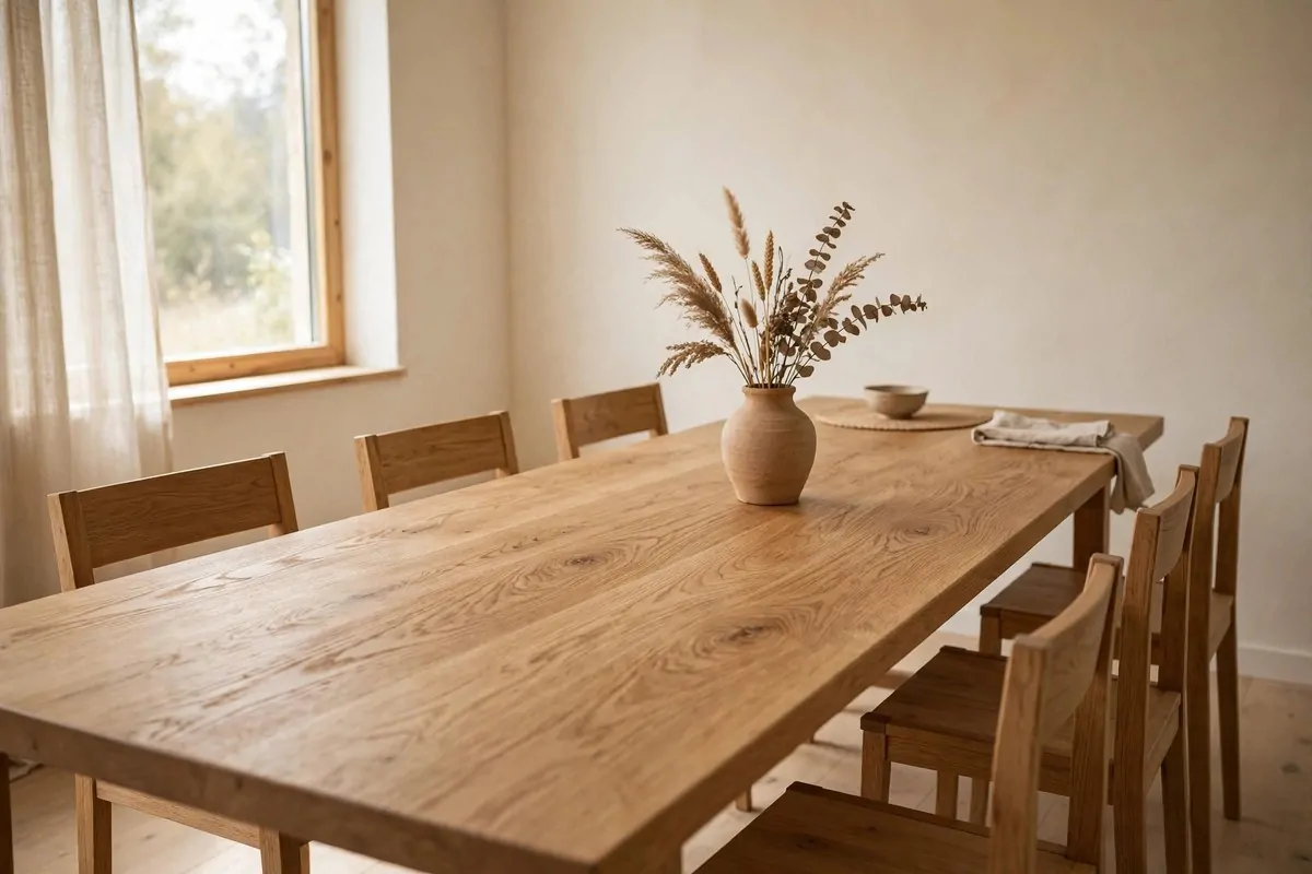 Solid wood dining table with visible grain in a warm minimalist dining area