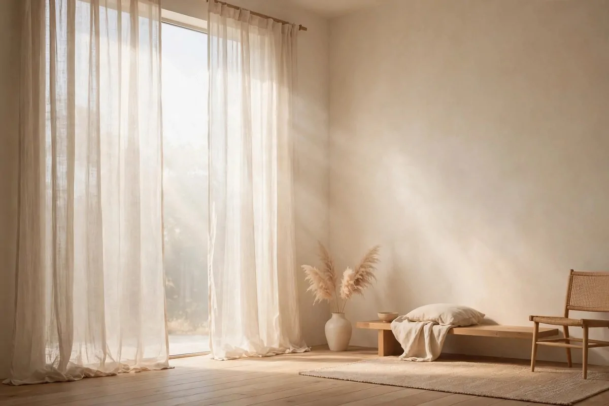 Sheer linen curtains letting soft sunlight into a minimalist room