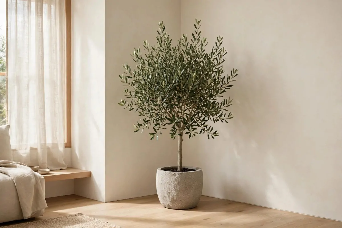 Olive tree in a stone pot in a warm minimalist living room corner