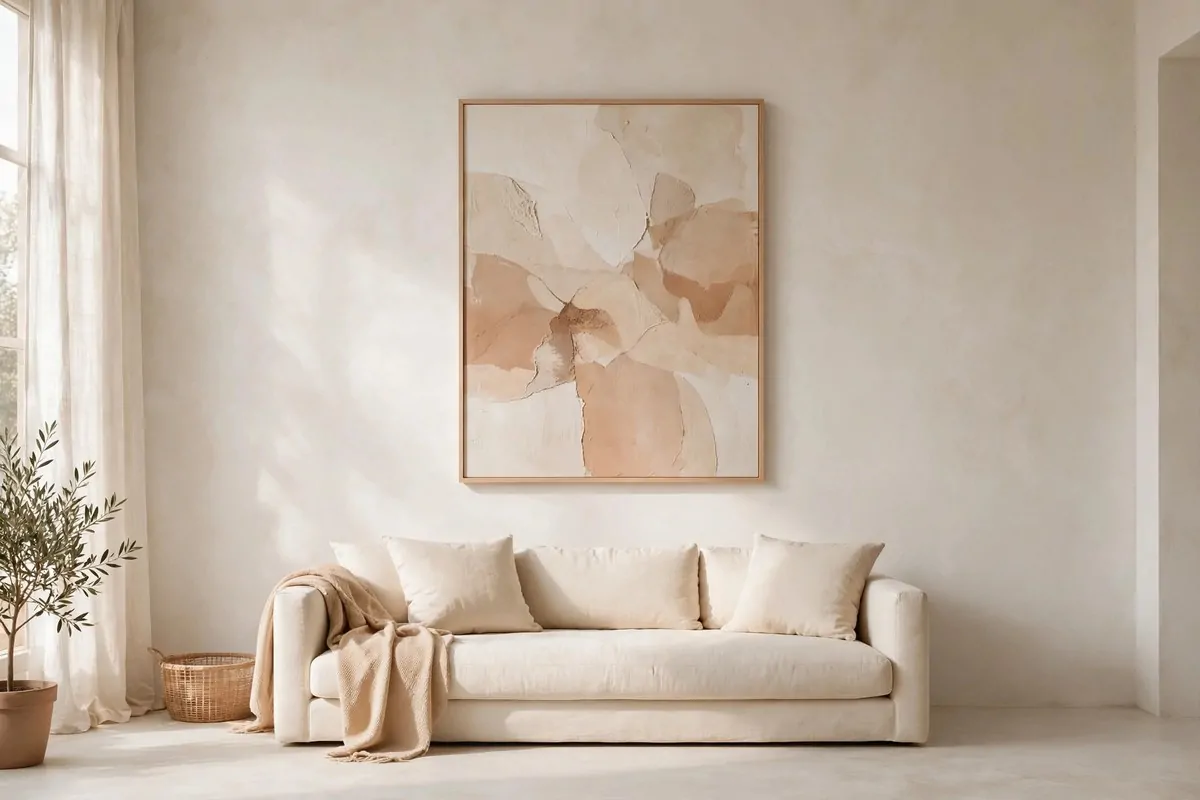 Large abstract artwork in soft warm tones above a sofa in a minimal room