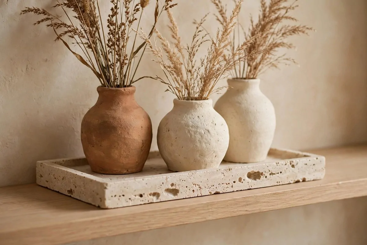 Travertine tray with handmade ceramic vases on a minimalist shelf