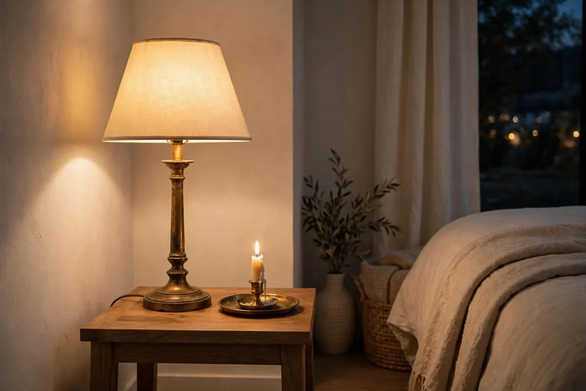 Brass table lamp and small brass details on a wooden side table