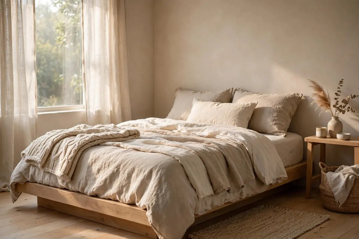 Cozy bed with layered oat and sand linen bedding in a minimalist bedroom