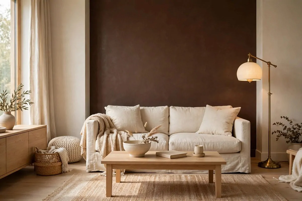 Minimalist room with a warm chocolate brown accent wall and oak furniture