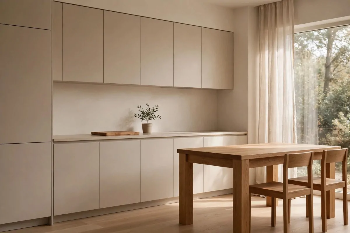 Calm minimalist kitchen with flat cabinets and a timber dining table