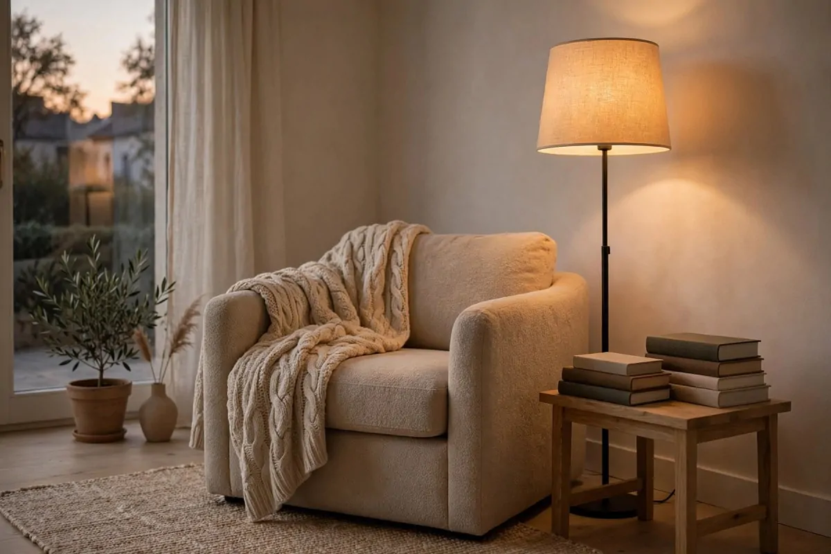 Cozy reading corner with an armchair, floor lamp and knit throw in soft light
