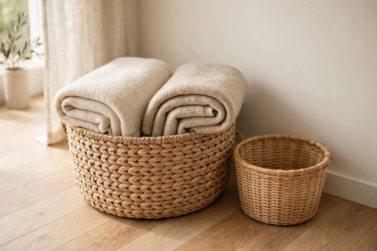 Woven seagrass baskets storing throws in a warm minimalist living room