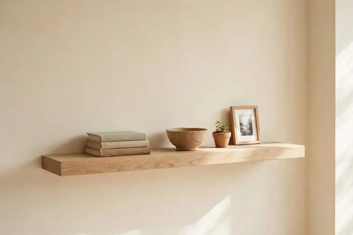 Styled floating shelf with ceramics, books and a small plant in a minimal room