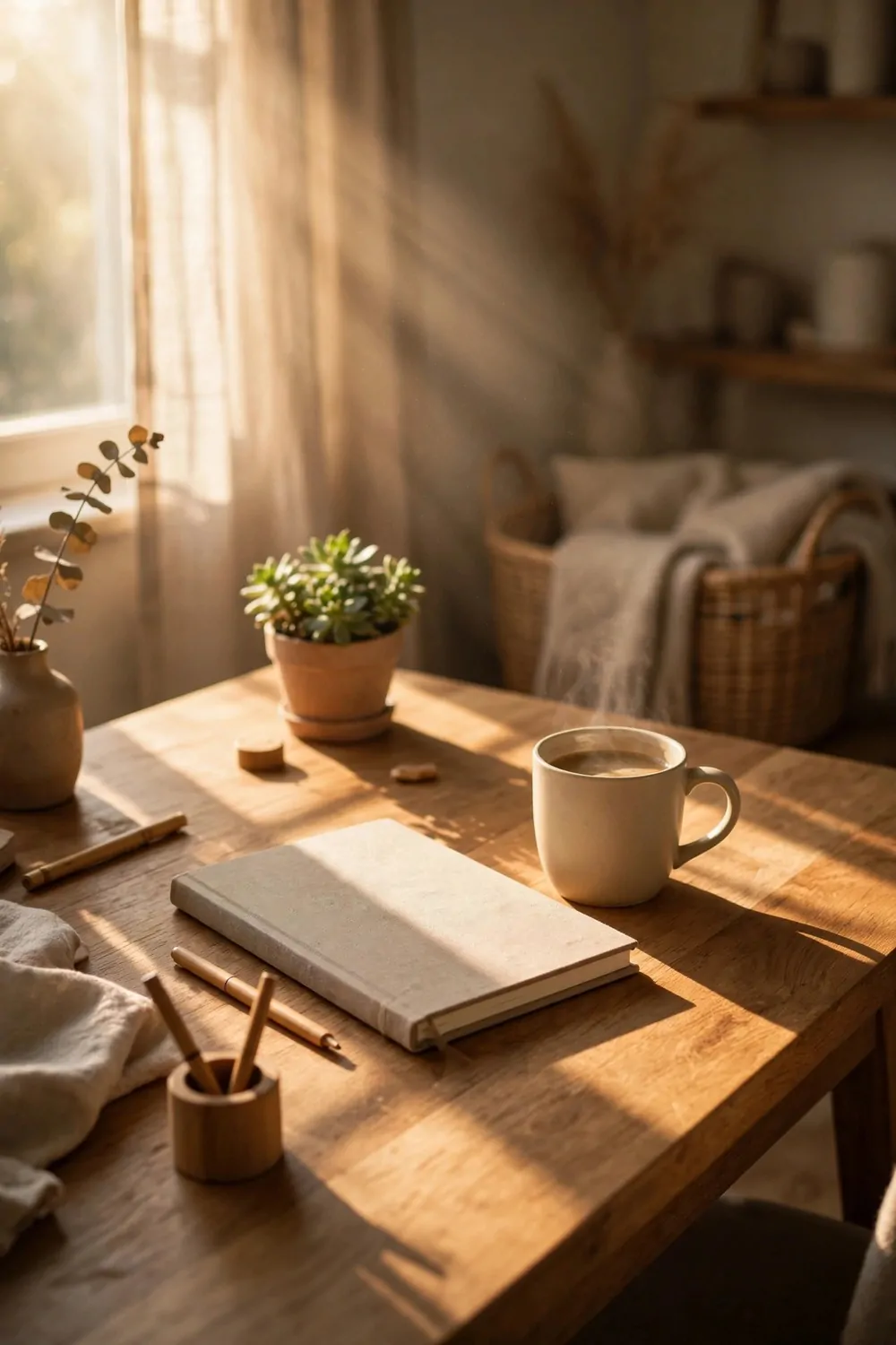Morning light falling across a wooden desk in a cozy home office, notebook and mug