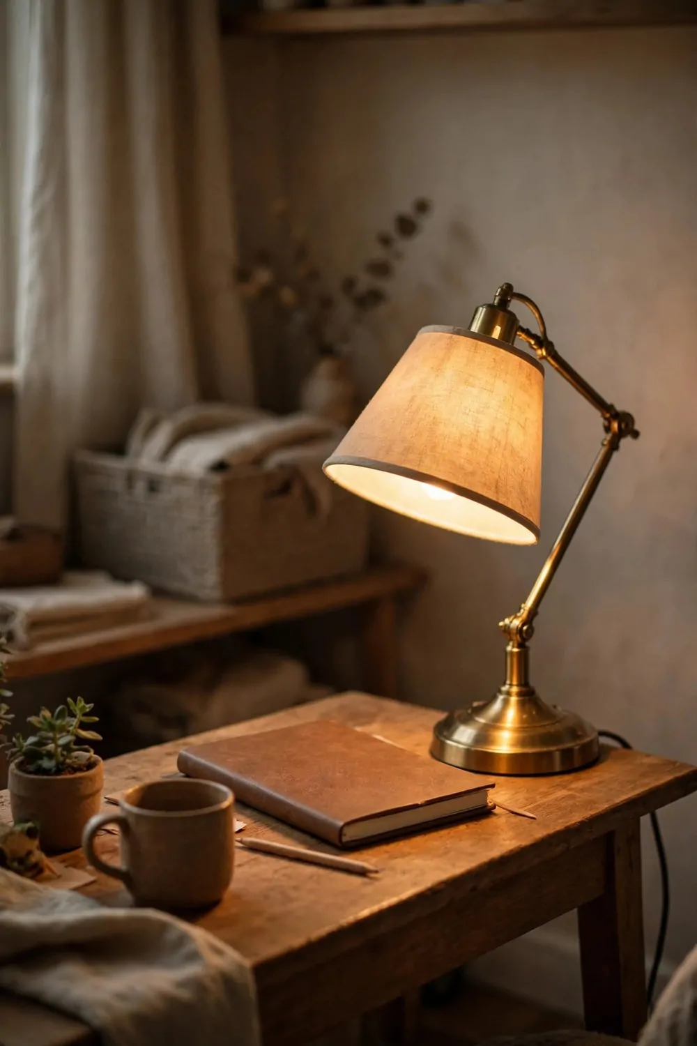 A warm desk lamp glowing on a small wooden desk in a home office, soft light