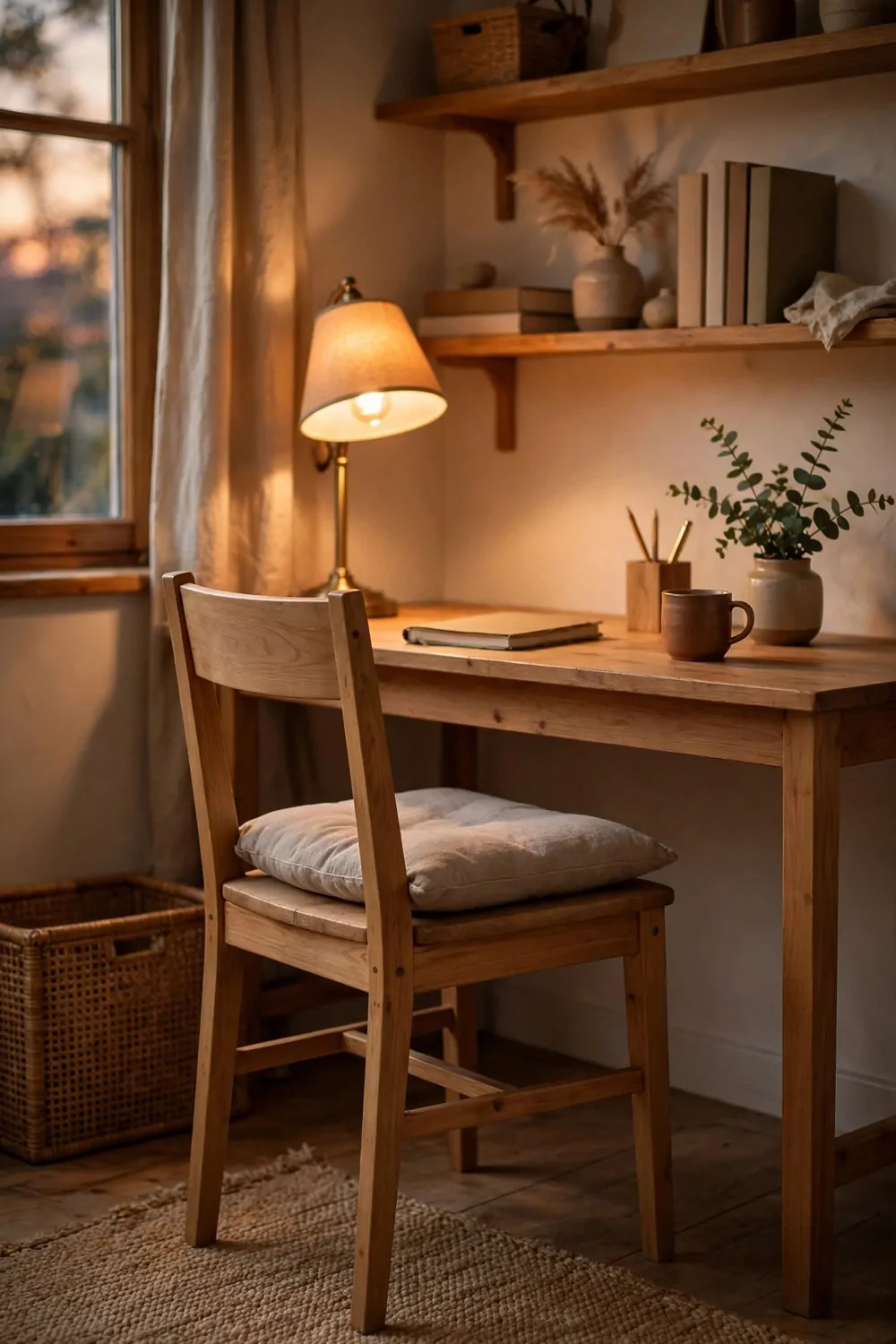 A simple wooden office chair with a soft cushion at a home desk, warm light