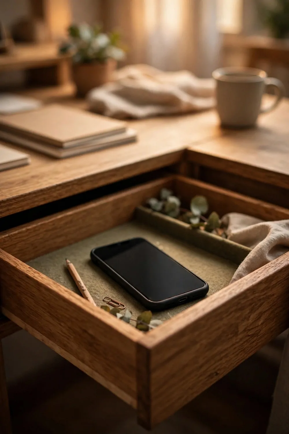 A phone resting inside an open wooden desk drawer in a cozy home office
