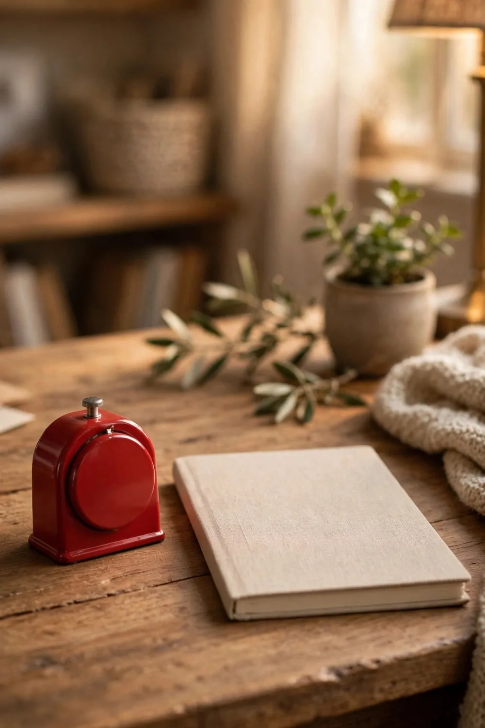 A small kitchen timer and a notebook on a wooden desk in a home office