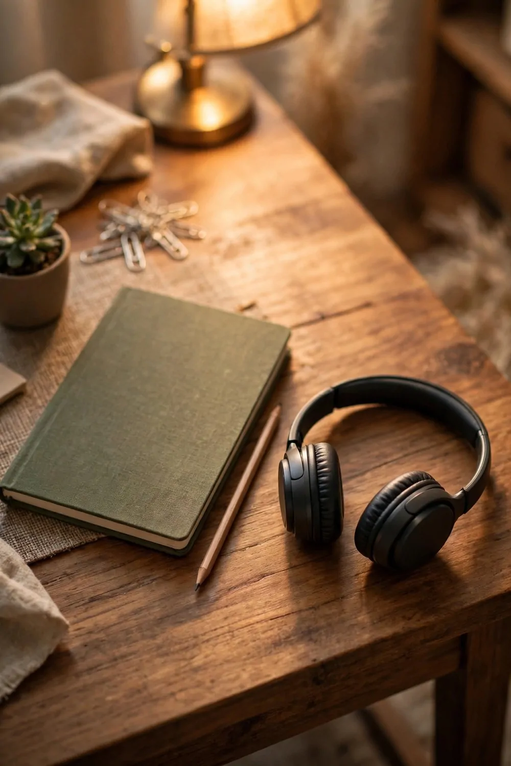 Small headphones resting on a wooden desk next to a notebook in a home office