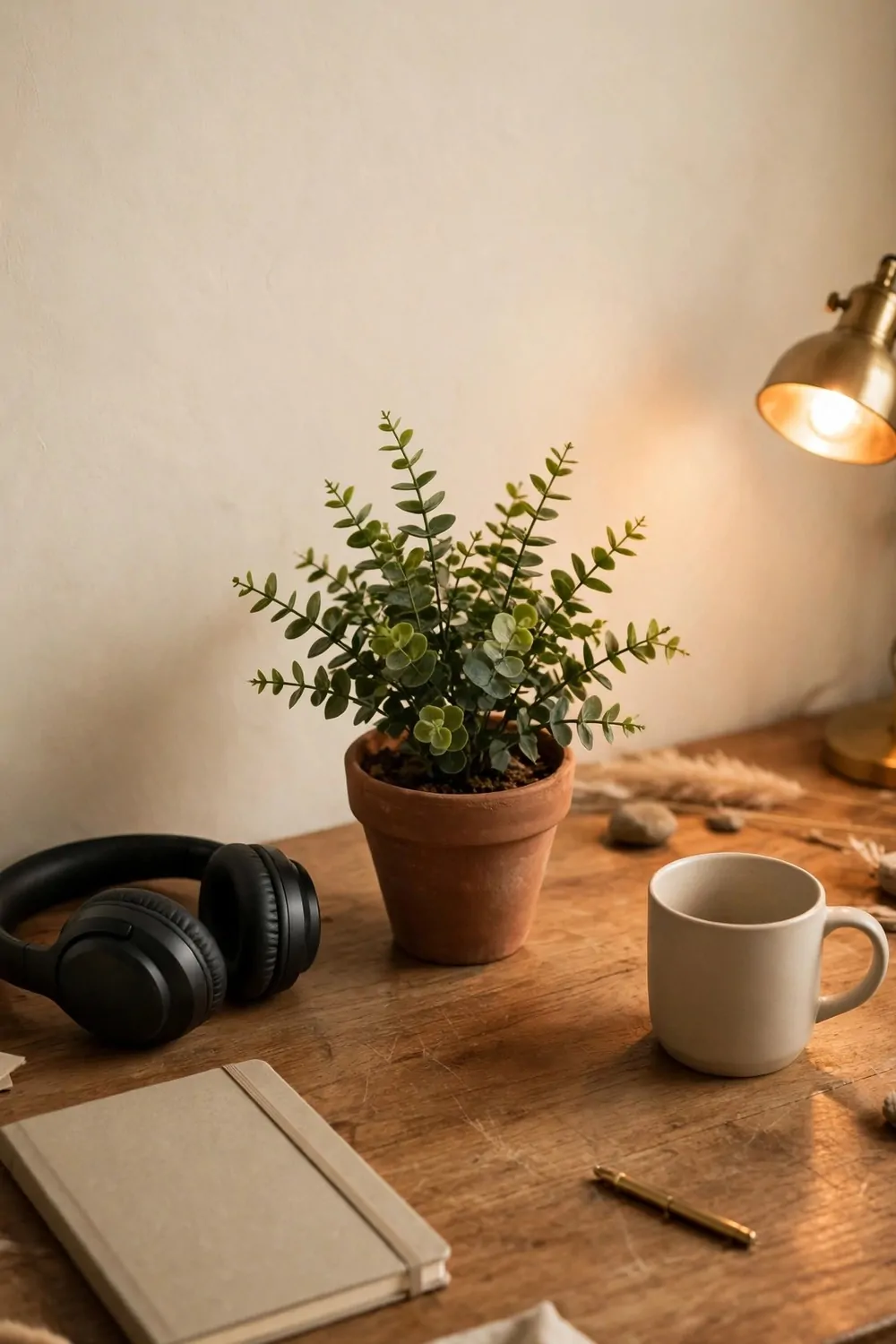 A small green plant in a clay pot on a wooden home office desk, warm light