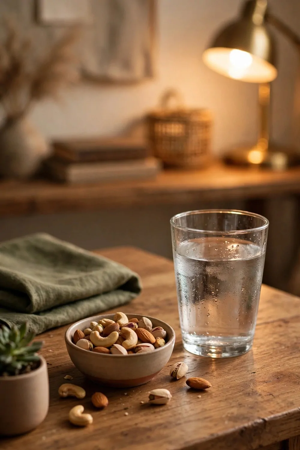 A glass of water and a small bowl of snacks on a wooden desk in a home office