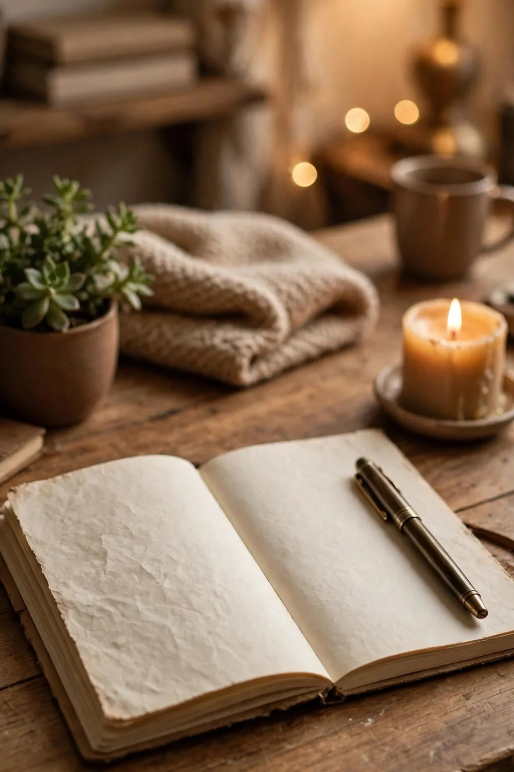 An open paper notebook and pen on a wooden desk in a cozy home office