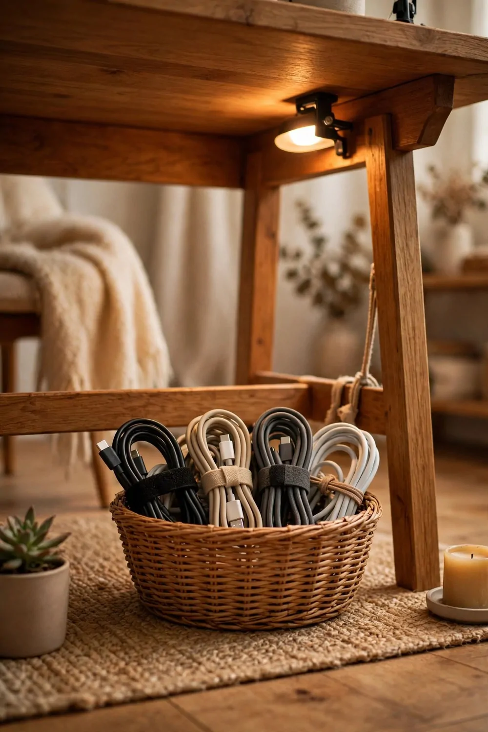 Tidy cables in a small basket under a wooden desk in a home office