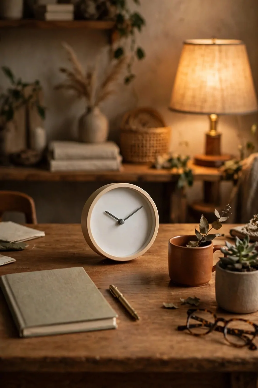 A small round clock on a wooden desk in a cozy home office, warm light