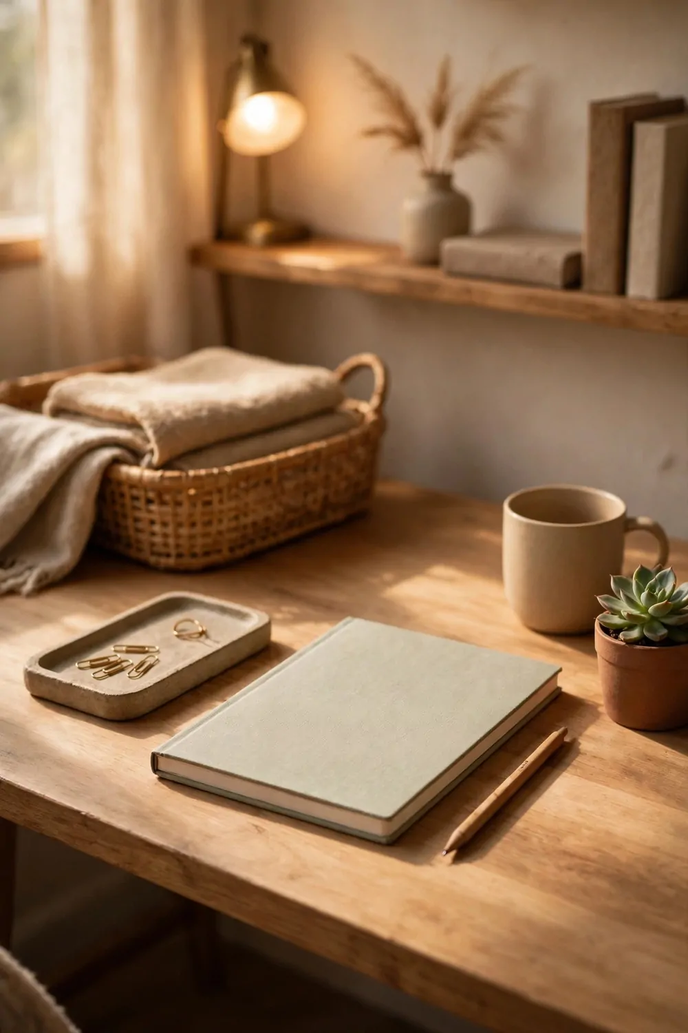 A tidy wooden desk with a small tray and a fresh notebook in a home office