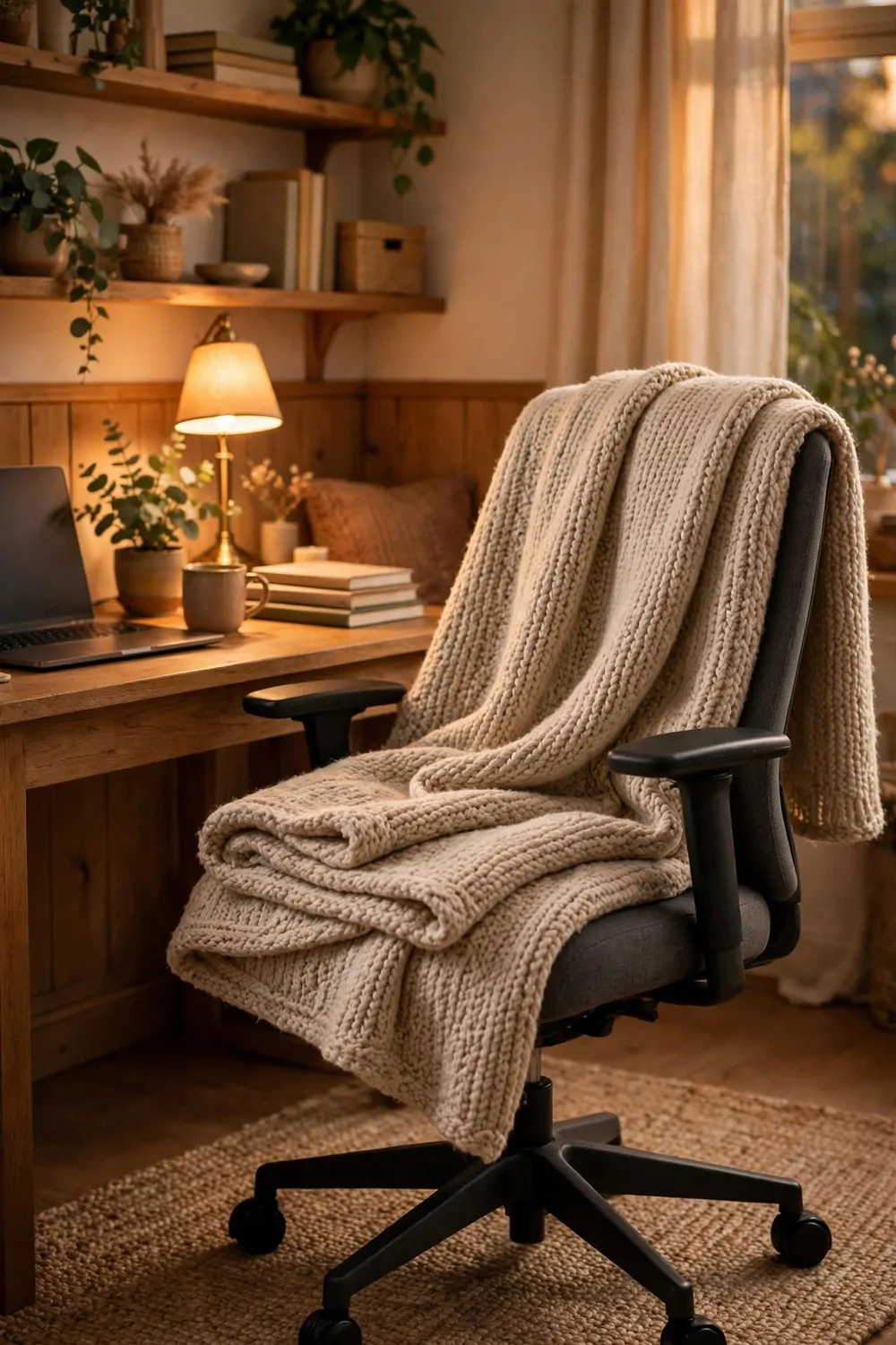 A soft folded blanket on an office chair in a cozy home office, warm light
