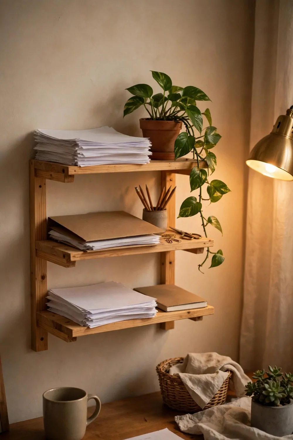 A small wooden shelf with work papers and a plant in a home office