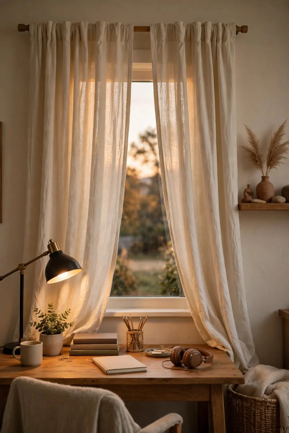 Soft cream curtains half closed over a window in a cozy home office