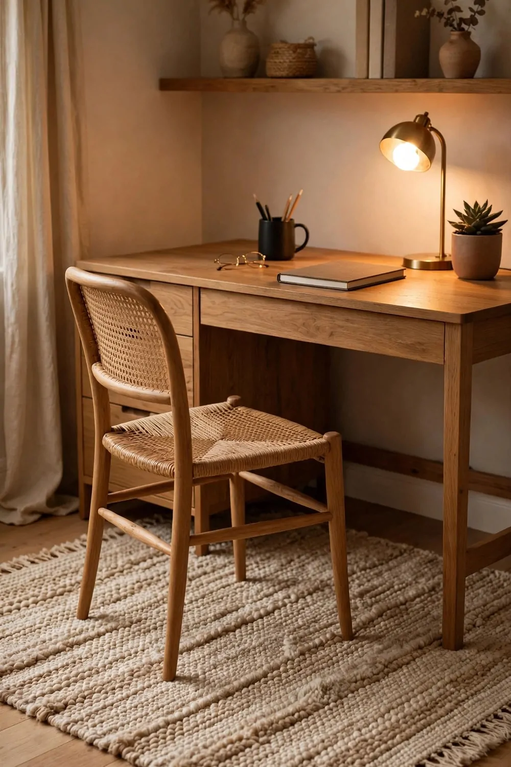 A soft woven rug under a wooden desk and chair in a home office, warm light
