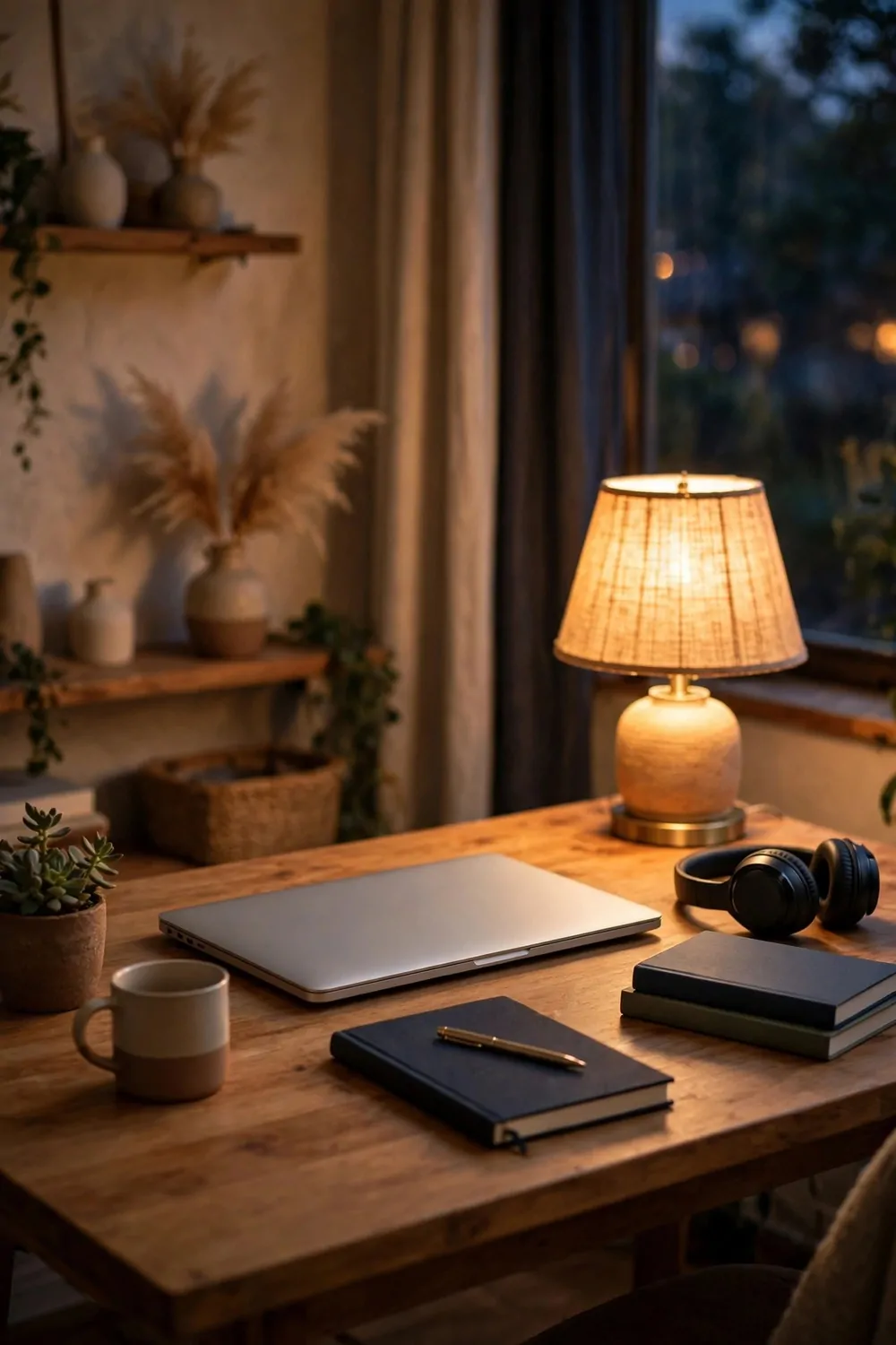A closed laptop and a tidy desk at the end of the day in a home office, lamp glowing